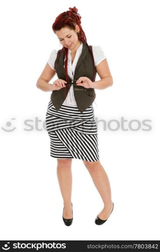 Modern beautiful girl with pen in striped skirt isolated on white background