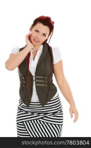 Modern beautiful woman in vest and striped skirt isolated on white background