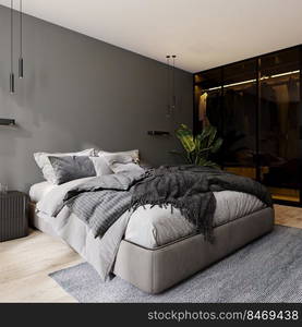 Modern bedroom interior with gray wall and bed and glass closet with backlight, bedroom mock up, 3d rendering