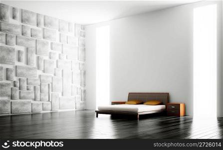 Modern bedroom with big windows interior 3d