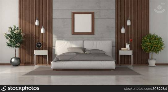 Modern bedroom with double bed against concrete wall and wooden paneling - 3d rendering. Modern bedroom with double bed against concrete wall