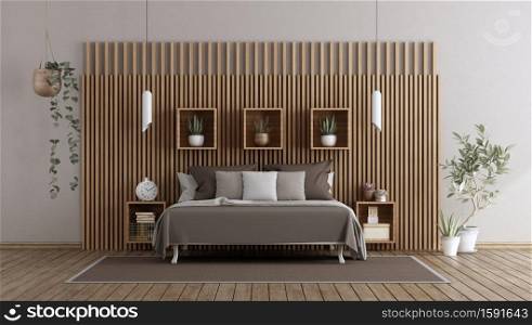 Modern bedroom with double bed against wooden paneling - 3d rendering. Master bedroom with bed against wooden paneling