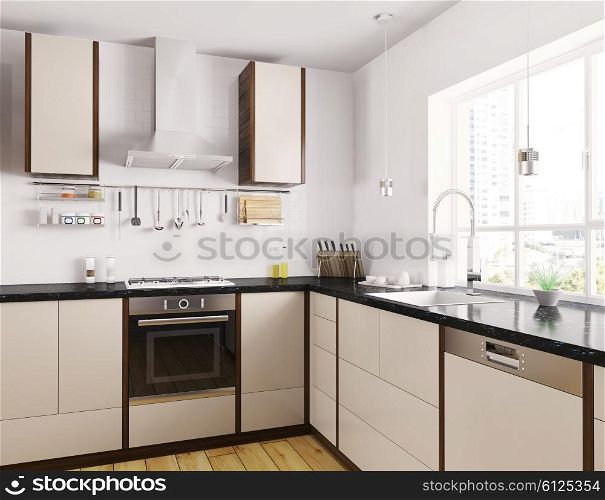 Modern beige kitchen with black granite counter interior 3d rendering