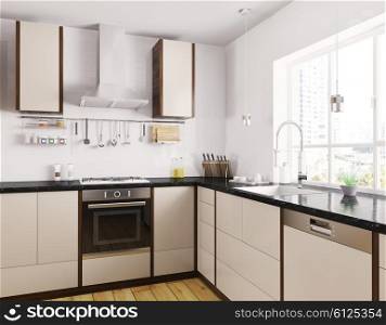 Modern beige kitchen with black granite counter interior 3d rendering