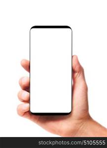 Modern bezelless smartphone in hand. Modern bezel-less smartphone with blank screen in male hand isolated on white background