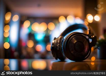 Modern big professional headphones on DJs table at night party. Neural network AI generated art. Modern big professional headphones on DJs table at night party. Neural network AI generated