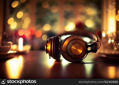 Modern big professional headphones on DJs table at night party. Neural network AI generated art. Modern big professional headphones on DJs table at night party. Neural network AI generated