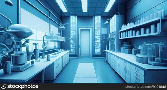 Modern biological or biochemical laboratory interior. Clean blue atmosphere. Generative AI.. Modern biological or biochemical laboratory interior. Clean blue atmosphere. Generative AI