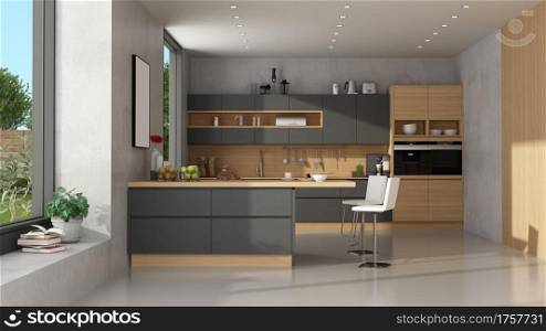 Modern black and wooden kitchen with island - 3d rendering. Modern black and wooden kitchen
