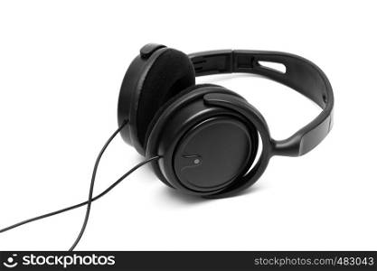 Modern black earphones on a white background