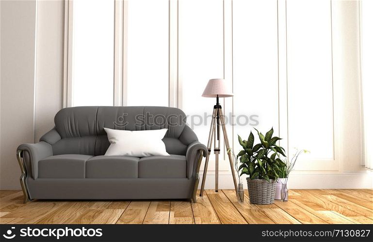 Modern black fabric sofa in white room interior parquet wood floor