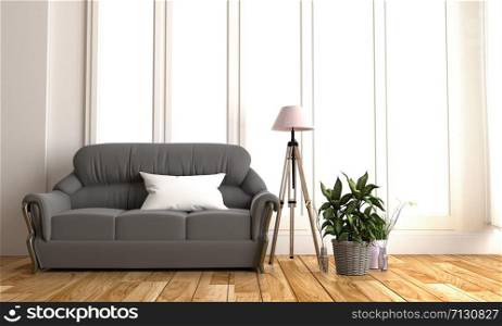 Modern black fabric sofa in white room interior parquet wood floor