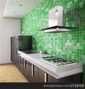 Modern black kitchen over the green mosaic wall interior 3d