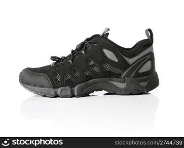 Modern black men&rsquo;s walking shoe isolated on white.