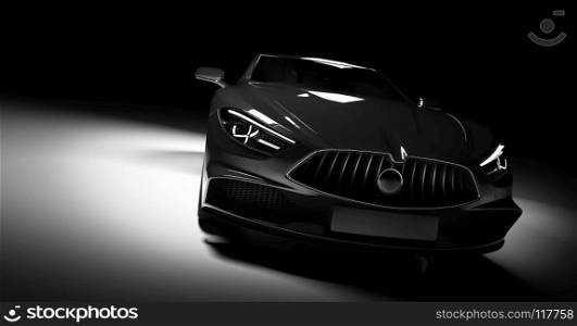 Modern black sports car in a spotlight on a black background. Front view. 3D render. Luxury cars.. Modern black sports car in a spotlight on a black background.