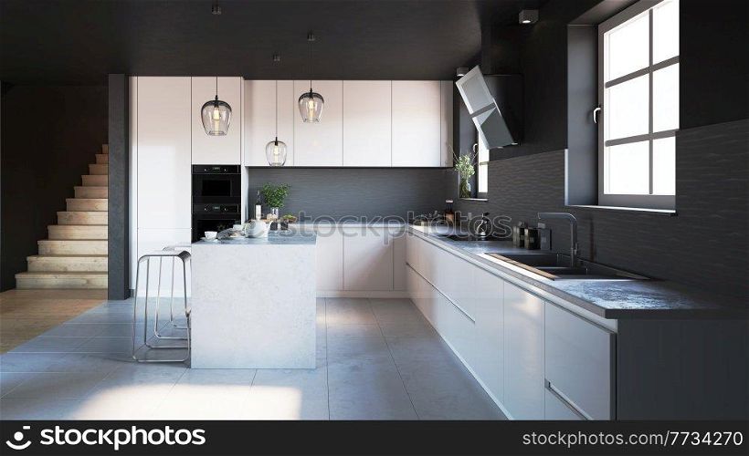 modern black style  kitchen interior. 3d rendering design concept