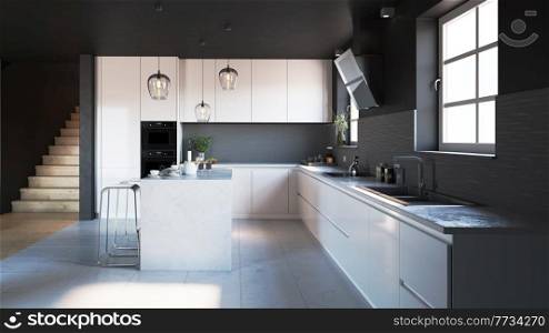 modern black style  kitchen interior. 3d rendering design concept