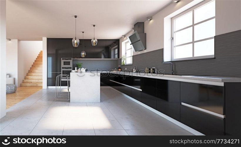 modern black style kitchen interior. 3d rendering design concept
