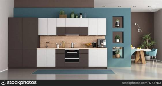 Modern blue and brown kitchen with dining table on background - 3d rendering. Modern kitchen with dining table on background