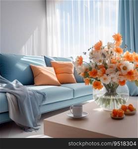 Modern blue and orange living room design with sofa and furniture with flowers.