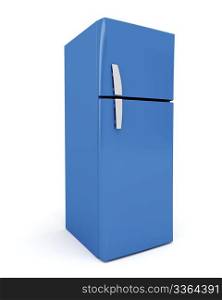 Modern blue fridge on white background. 3d rendered image.
