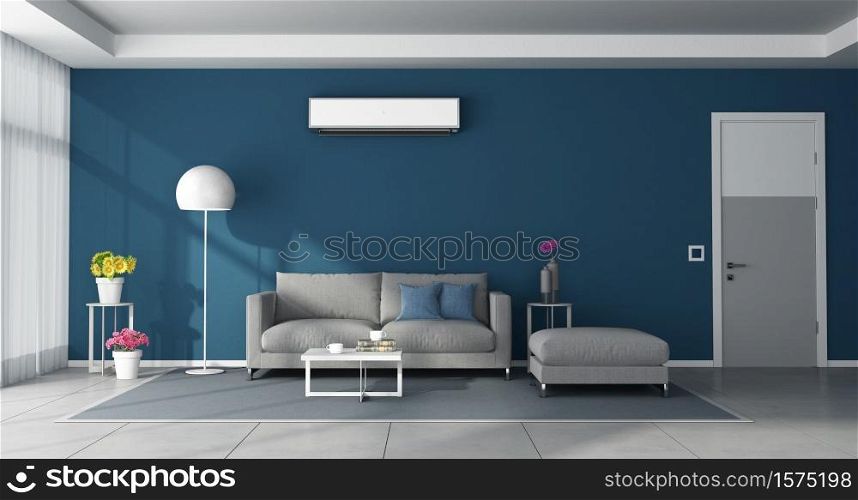 Modern blue living room with gray furniture,closed door and air conditioner on wall - 3d rendering. Modern blue living room with gray furniture and air conditioner