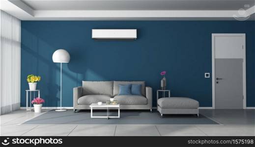 Modern blue living room with gray furniture,closed door and air conditioner on wall - 3d rendering. Modern blue living room with gray furniture and air conditioner