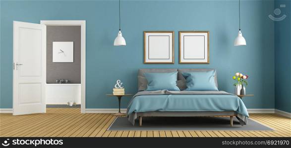Modern blue master bedroom with bathroom - 3d rendering