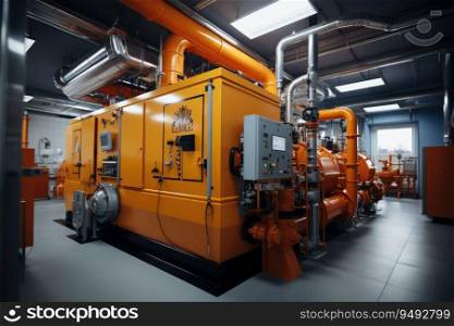 Modern boiler room with gas boilers, industrial heating. Generative AI. Modern boiler room with gas boilers, industrial heating.