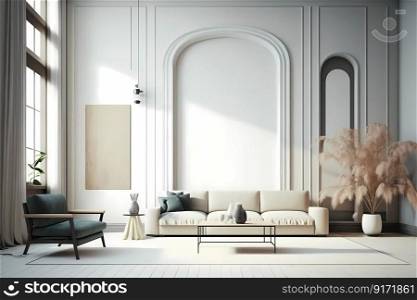 Modern bright interior. Minimalist style. Large room with some furniture and empty spaced walls. Good for mock up, advertising. High quality illustration. Modern bright interior. Minimalist style. Large room with some furniture and empty spaced walls. Good for mock up, advertising.