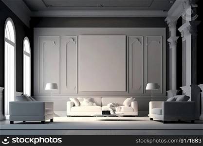 Modern bright interior. Minimalist style. Large room with some furniture and empty spaced walls. Good for mock up, advertising. High quality illustration. Modern bright interior. Minimalist style. Large room with some furniture and empty spaced walls. Good for mock up, advertising.
