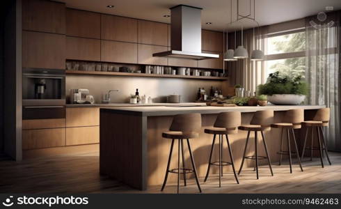 Modern Bright Kitchen Interior with Wood Stools. Generative ai. High quality illustration. Modern Bright Kitchen Interior with Wood Stools. Generative ai
