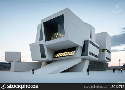 modern building exterior all made  with concrete and glass in white color - created by generative AI 