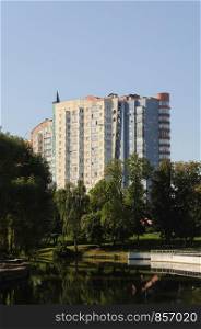 Modern building on the Svisloch River in Minsk, Belarus
