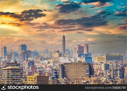 Modern buildings and TV Tower of Cairo at sunset. Buildings of Cairo