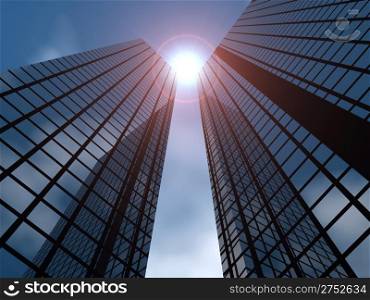 Modern buildings. Skyscrapers from glass with the bright sun