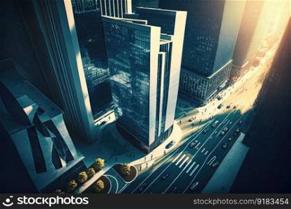 modern business center with skyscrapers, aerial view of busy city street, created with generative ai. modern business center with skyscrapers, aerial view of busy city street