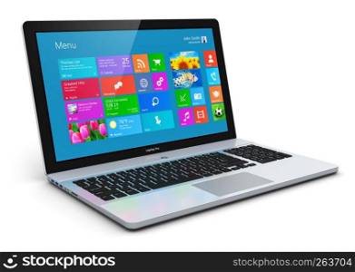 Modern business office portable laptop, notebook or computer PC with touchscreen interface with color icons isolated on white background with reflection effect
