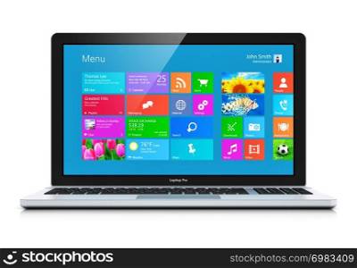 Modern business office portable laptop, notebook or computer PC with touchscreen interface with color icons isolated on white background with reflection effect