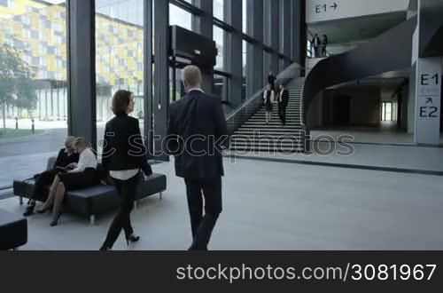 Modern business people walking in glass hall of office building