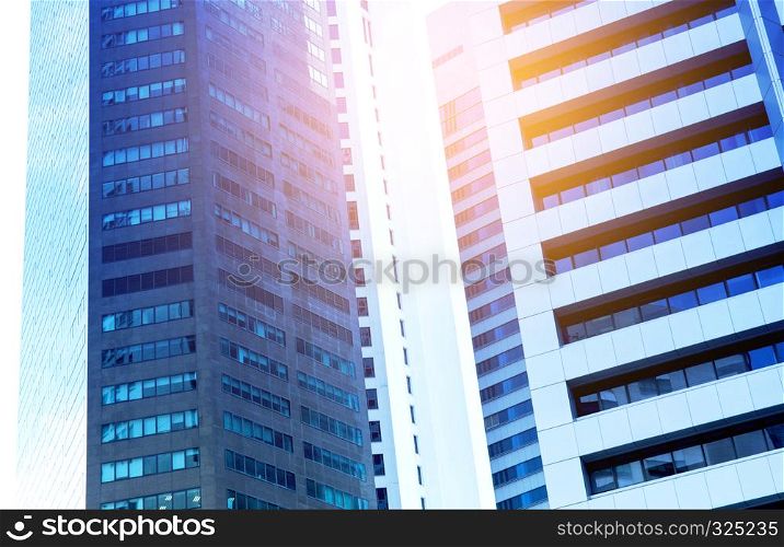Modern business skyscrapers with high buildings in blue tone, architecture business concept.