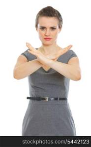 Modern business woman showing stop gesture