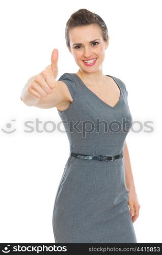 Modern business woman showing thumbs up