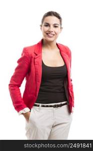 Modern business woman smiling and isolated over a white background