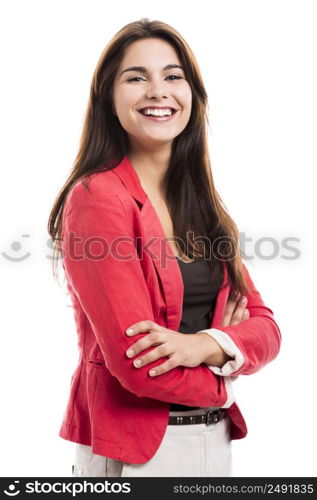 Modern business woman smiling and standing over a white background