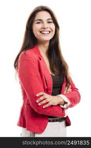 Modern business woman smiling and standing over a white background
