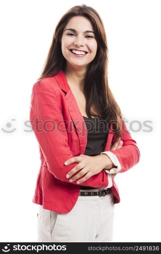Modern business woman smiling and standing over a white background