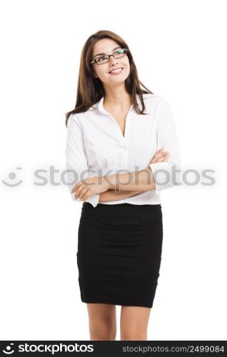 Modern business woman smiling and thinking, isolated over a white background. Business woman
