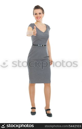 Modern business woman stretching hand for handshake