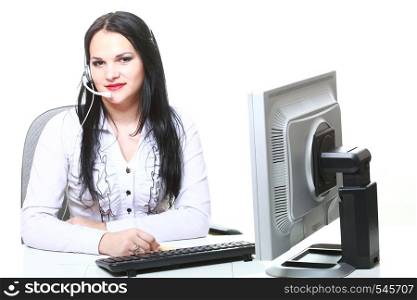 modern business woman with headset microphone sitting at office desk